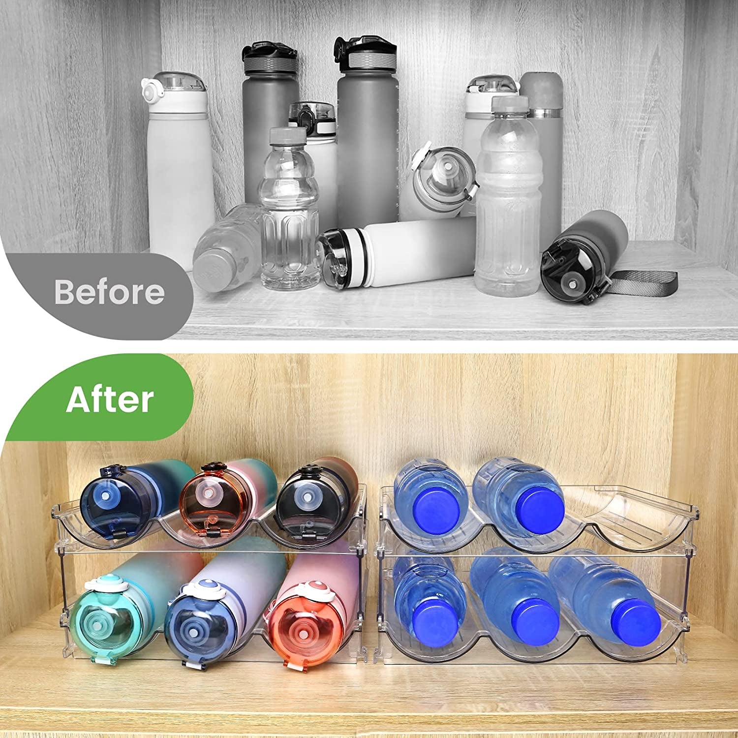 Space-Saving Water Bottle Organizer - 2 Pack Stackable Storage Racks for Cabinets