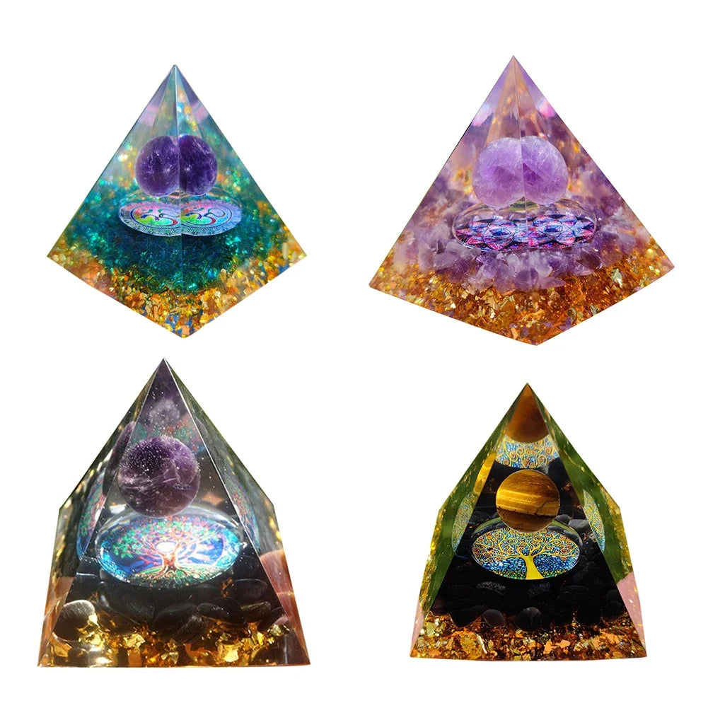 Revitalize Your Space with the Amethyst & Peridot Orgone Pyramid - Healing Crystal Chakra Generator for Home Decor