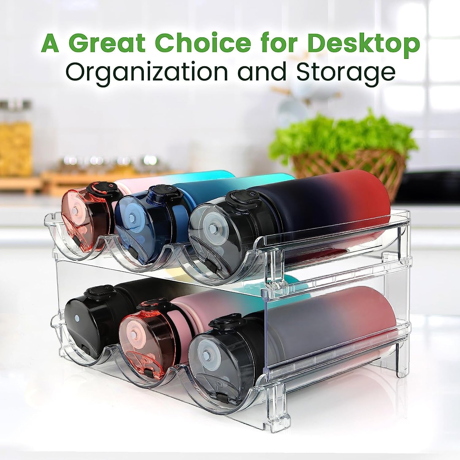 Space-Saving Water Bottle Organizer - 2 Pack Stackable Storage Racks for Cabinets