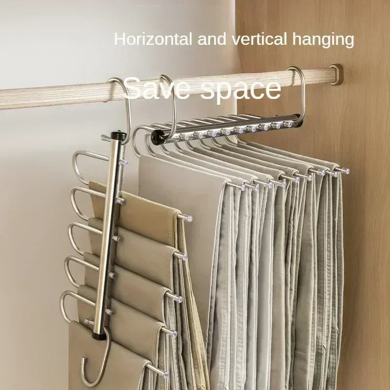 Space-Saving Stainless Steel Folding Magic Pants Hangers - 5/9 Layers Clothes Rack Organizer for Trousers, Jeans, and Scarves