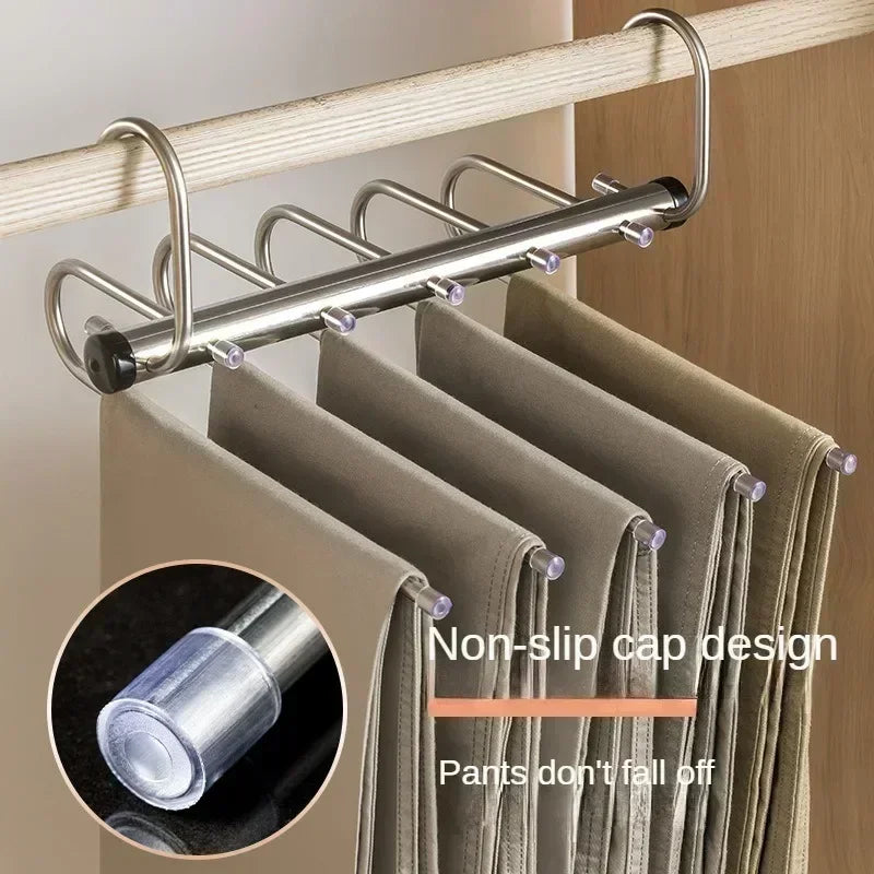 Space-Saving Stainless Steel Folding Magic Pants Hangers - 5/9 Layers Clothes Rack Organizer for Trousers, Jeans, and Scarves